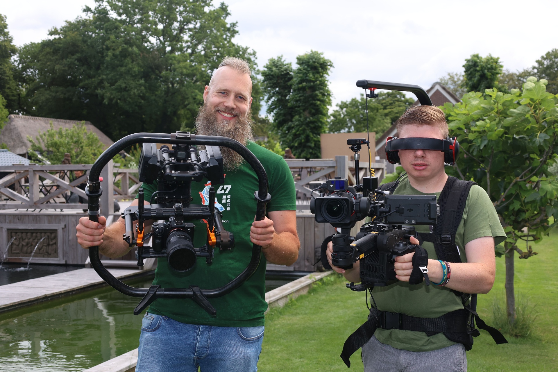 KoiQuestion film crew with cinema rigs beside a Nishikigoi pond
